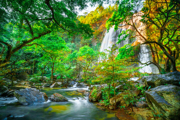 waterfall in the mountains, Khlong Lan Waterfall, Khlong Lan National Park, Kamphaeng Phet, in Thailand.Onsen atmosphere.