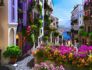 Fototapeta na wymiar Walled city street with colorful flowers and sea view, AI generated