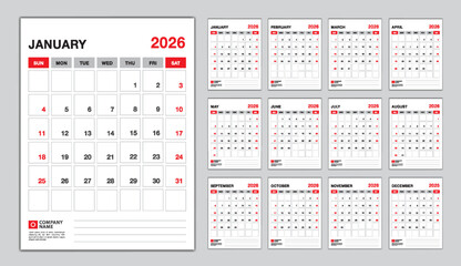 Calendar 2026 week start sunday, desk calendar 2026 design vector, Set of 12 calendar, wall calendar 2026 design, Poster, planner, advertisement, printing media, corporate design template vector.