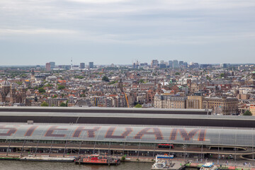 amsterdam aerial view onto amsterdam city with centraal station in foreground