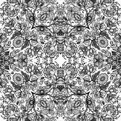 Fantasy flowers in retro, vintage, jacobean embroidery style. Seamless pattern, background. Vector illustration. In black and white.