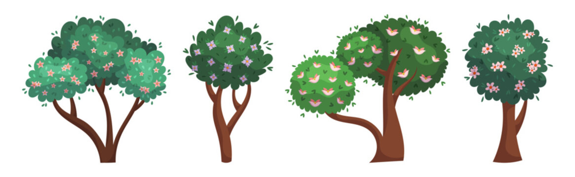 Set of Cartoon Blooming Trees and Bushes. Forest And Garden Landscape Elements with Spring or Summer Foliage and Flowers