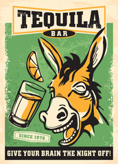 Happy donkey enjoy in tequila, funny anthropomorphic retro illustration for tequila bar. Vintage comic style poster design with animal smiling and drinking. Vector illustration.
