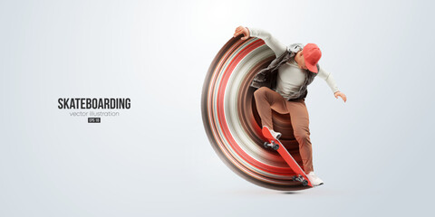 Realistic silhouette of a skateboarder on white background. The skateboarder man is doing a trick. Street skateboarding. Vector illustration © Yevheniia