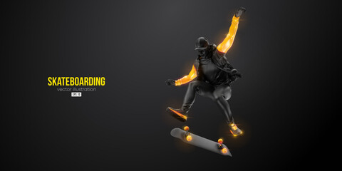 Fototapeta na wymiar Abstarct silhouette of a skateboarder on black background. The skateboarder man is doing a trick. Street skateboarding. Vector illustration