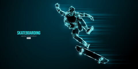 Abstarct silhouette of a skateboarder on black background. The skateboarder man is doing a trick. Street skateboarding. Vector illustration