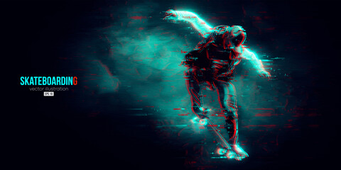 Abstarct silhouette of a skateboarder on black background. The skateboarder man is doing a trick. Street skateboarding. Vector illustration