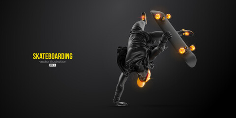 Abstarct silhouette of a skateboarder on black background. The skateboarder man is doing a trick. Street skateboarding. Vector illustration © Yevheniia