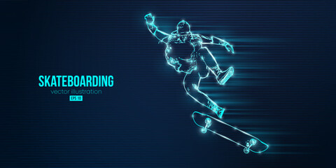 Abstarct silhouette of a skateboarder on blue background. The skateboarder man is doing a trick. Street skateboarding. Vector illustration © Yevheniia