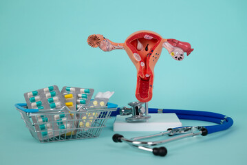 model of female reproductive system and stethoscope with a basket of pills llies on a blue...
