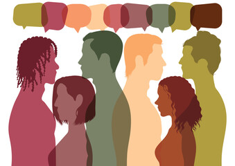 People in profile talking to each other and peoples showing diversity. Share ideas in a speech bubble. Diverse multicultural dialogue group. Vector illustration.