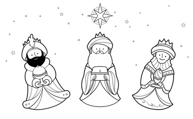 Epiphany celebration outline vector illustration coloring book page for children.Three Wise Men, Three Kings, Magi coloring page drawing. Cute line art cartoon characters. Melchior, Caspar, Balthazar.