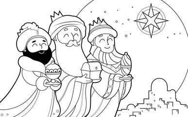 Three Wise Men cartoon characters outline vector drawing for children coloring book page. Line art, line drawn vector drawing, nativity or epiphany celebration. Christmas coloring book page.