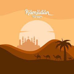 Landscape illustration of Ramadan kareem with silhouette of mosque, camel and date palm in desert