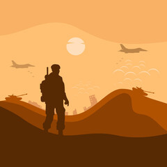 Desert war illustration, army background, soldier silhouette, Artillery, Cavalry, Airborne, warplane, city destruction, middle east.