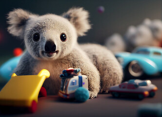 Cute baby koala bear surrounded by toys in room, Generative AI