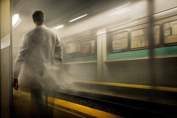 An unrecognizable man as ghost in a subway, afterlife concept. Generative AI