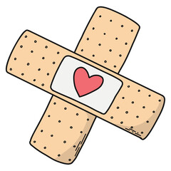 Hand drawn isolated Valentine's day PNG element of bandage with heart for posters, prints, cards, stickers, clip art, icons, scrapbooking, etc. 