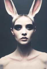 Surreal Mammalian Hybrids creature, half woman, half rabbit in mythologie, portrait of an easter bunny, illustration, generative ai
