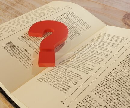 Opened scripture of holy bible with question mark on top of it