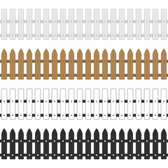 Different types seamless wooden fence. Set of garden fences isolated on white background. Simple boards silhouette construction in flat style. Vector illustration. EPS 10.