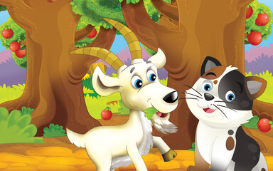 cartoon cat on the farm in garden illustration