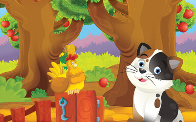 Obraz na płótnie Canvas cartoon cat on the farm in garden illustration