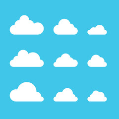 Set of Cloud Icons isolated on blue background. Abstract white cloudy set. Cloud symbol in flat style, for your web site design, logo, app, UI. Vector EPS 10.