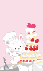 Cute cartoon bunny baking a cake or strawberry shortcake. Celebration of Valentine's Day or love greeting message, love card for Valentine's Day or birthday party card. Happy birthday cake card.