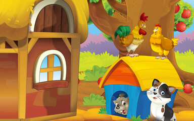 cartoon cat on the farm in garden illustration