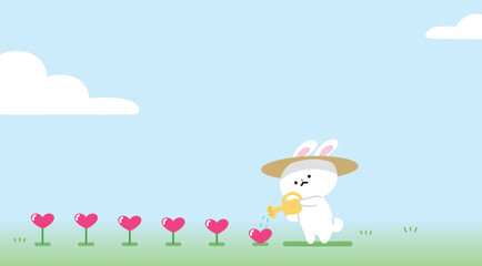 Happy Valentine's Day vector illustration banner or love greeting card.Birthday card. Concept of growing love. Heart shaped flowers watered by a cute cartoon bunny gardener.