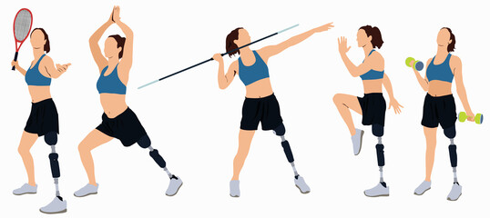 Fototapeta na wymiar Illustration of set of faceless female athlete with prosthesis leg in different workout and sport pose.