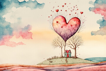 Valentines landscape , whimsical style, watercolour style, Generative AI