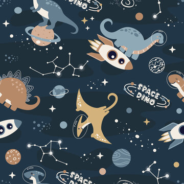 Seamless Pattern with Cute Dinosaurs Astronauts in Space, Cartoon Animals Background, Design for baby clothes, t-shirts, wrapping, fabric, textiles and more