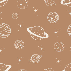 Hand drawn seamless pattern with Planets. Hand drawn space background. Vector illustration. Galaxy print for, wallpaper, wrapping, printing, fabric, nursery, textile and more