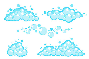 Soap foam set with bubbles. Carton light blue suds of bath water, shampoo, shaving, mousse. Vector illustration isolated on white background. - obrazy, fototapety, plakaty
