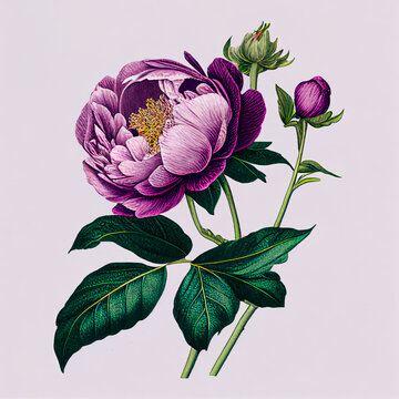 Vintage botanical style illustration of purple peony rose, flora, flower, cream paper texture, scientific diagram, generative ai