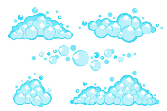 Soap foam set with bubbles. Carton light blue suds of bath water, shampoo, shaving, mousse. Vector illustration isolated on white background.