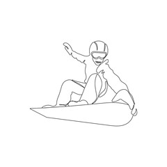 Snowboarder riding snowboard. One line art. Jumping snowboarder. Tourist sport concept. Hand drawn vector illustration.