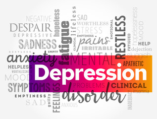 Fototapeta premium Depression - serious medical illness that negatively affects how you feel, the way you think and how you act, word cloud concept background