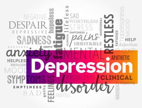 Depression - serious medical illness that negatively affects how you feel, the way you think and how you act, word cloud concept background