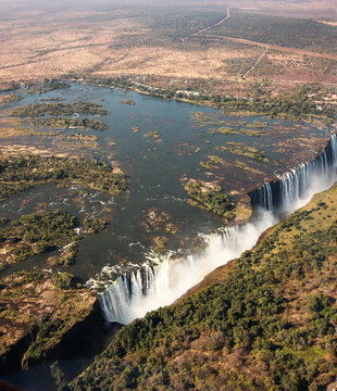 Magnificent aerial image of Zambezi river and Vitoria Falls, Zimbabwe