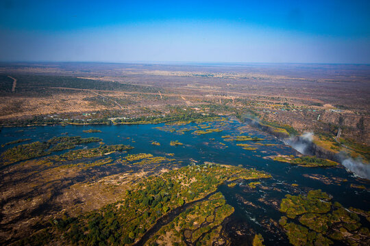 Magnificent aerial image of Zambezi river Zambia and Zimbabwe