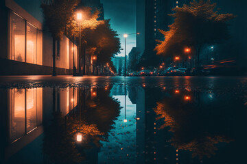 Night cityscape after rain, reflection in a puddle. Generative Ai. 