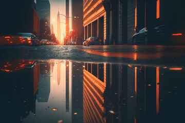 Night cityscape after rain, reflection in a puddle. Generative Ai. 