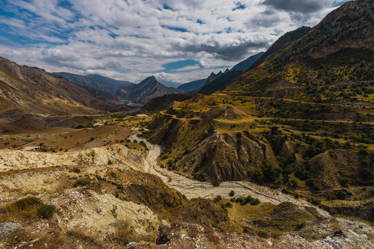 Winding road in the Dagestan Mountains with big mountain formation