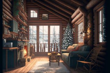 Illustration of a cozy wooden cabin in winter.