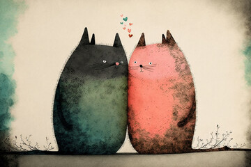 Valentines couple of cute cats, card, Generative AI
