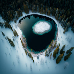 winter lake in the forest from a height 4k