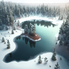 winter lake in the forest from a height 4k